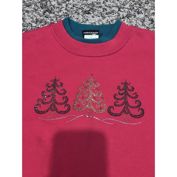 VINTAGE L Sweatshirt Red Bedazzled Christmas Trees SUNBURST Long Sleeve Grandma - Picture 2 of 7